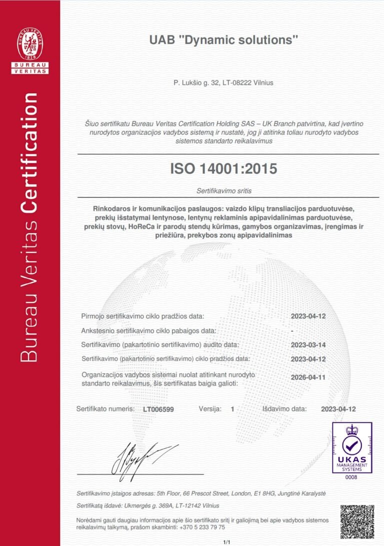 UAB Dynamic Solutions ISO 14001 sertifikatas