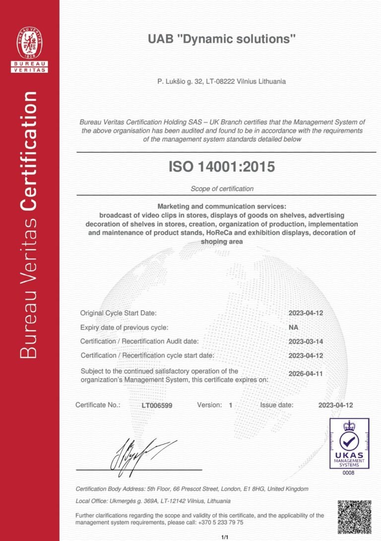 UAB Dynamic Solutions ISO 14001 sertificate